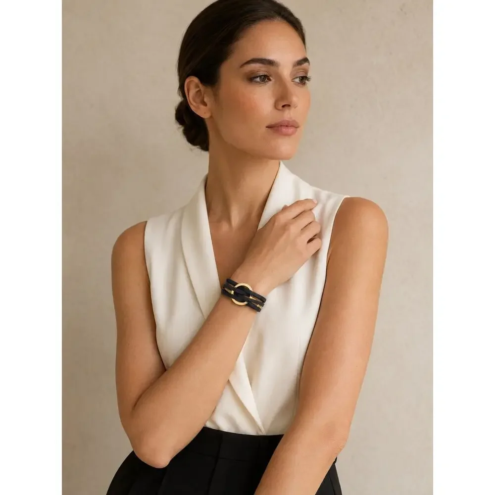 Minimalist Black Gold Faux Leather stack Wrap Bracelet Gold Circle Cuff NWOT